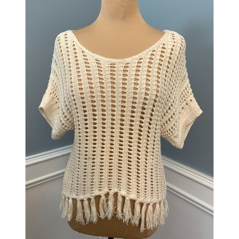 American Eagle Sweater Womens S Petite Open Knit Fringe Short Sleeve Pullover